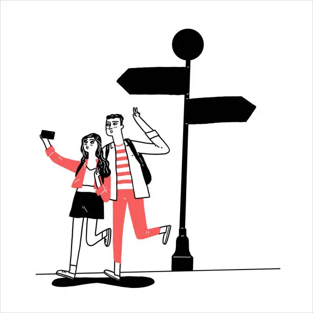 Vector illustration of A tourist couple takes a selfie with a road sign.