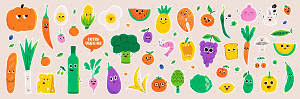 Healthy food characters sticker pack Healthy food characters sticker pack. Collection of cute fruit, vegetables, berries and products stickers. Flat vector isolated illustrations. oranges with faces stock illustrations