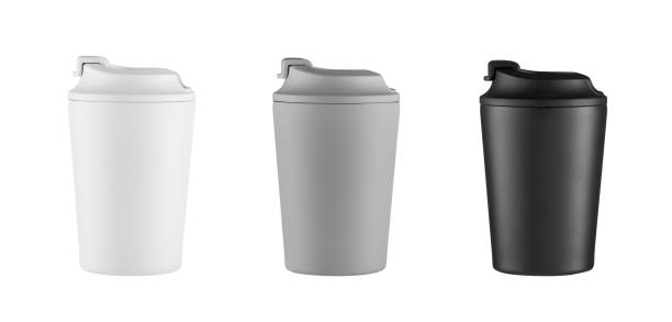 white, grey and black thermo coffee mug mockup isolated on white background