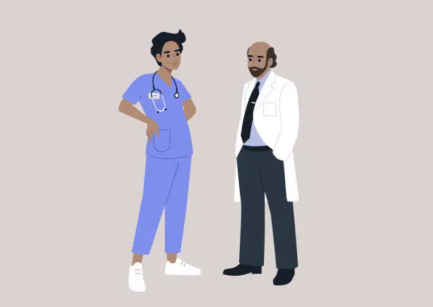 Vector illustration of An intern is gaining hands-on experience in the clinics, learning from a doctor, the educational aspect of an internship, where students absorb practical knowledge under the guidance of mentors