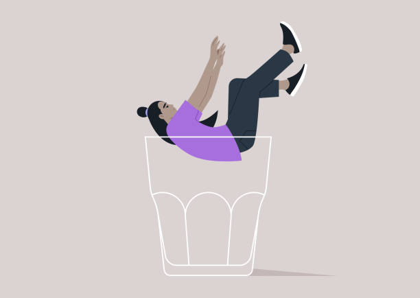 a character falling into the depths of an empty glass, symbolizing the descent into the metaphorical rock bottom, associated with alcohol problems - alcoholism drunk hangover grief stock-grafiken, -clipart, -cartoons und -symbole