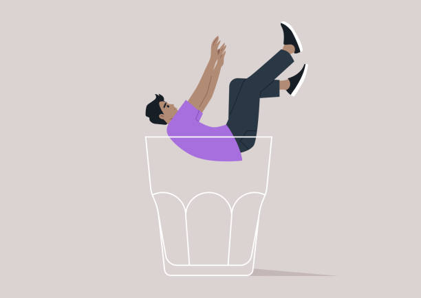 a character falling into the depths of an empty glass, symbolizing the descent into the metaphorical rock bottom, associated with alcohol problems - alcoholism drunk falling alcohol stock-grafiken, -clipart, -cartoons und -symbole
