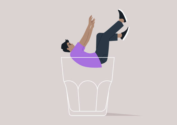 illustrazioni stock, clip art, cartoni animati e icone di tendenza di a character falling into the depths of an empty glass, symbolizing the descent into the metaphorical rock bottom, associated with alcohol problems - alcoholism drunk hangover grief