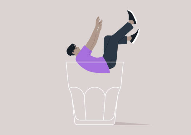 a character falling into the depths of an empty glass, symbolizing the descent into the metaphorical rock bottom, associated with alcohol problems - alcoholism drunk falling alcohol stock-grafiken, -clipart, -cartoons und -symbole