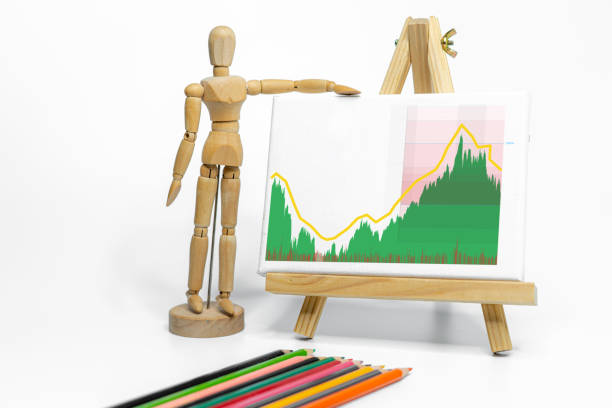 istock Mannequin drawing a graph charts on easel; isolated on white background; Business or finance concept 1966309101