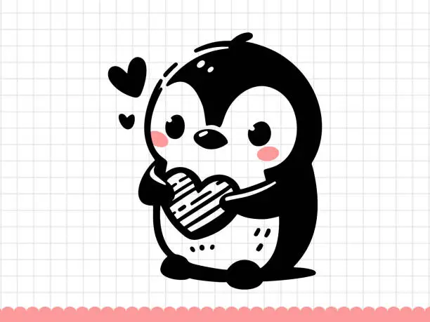 Vector illustration of Doodle outline penguin holding heart. Vector illustration.