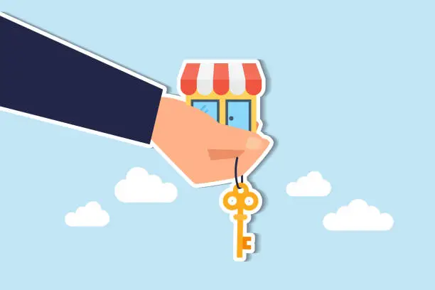 Vector illustration of Small business key to success, open new shop, start new business or company, entrepreneur or SME, growing or increase product sale concept, businessman hand hold small business shop with golden key.