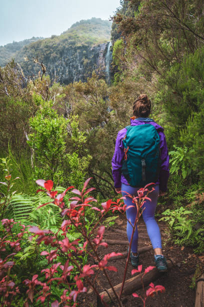 istock Female tourist with backpack hikes along a curved forest path through with a waterfall in the background. Lagoa do Vento waterfall, Madeira Island, Portugal, Europe. 1966340888