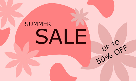 Summer sale banner template with writing 50% discount. An abstract summer with sunflowers. Tropical background. Promo badge for your seasonal designs.