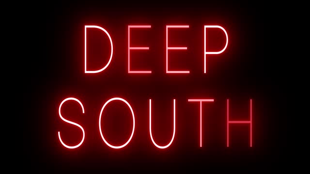 Glowing and blinking red retro neon sign for DEEP SOUTH