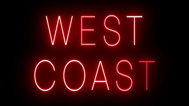 Glowing and blinking red retro neon sign for WEST COAST