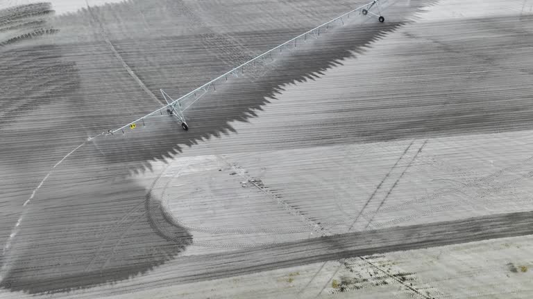 Sprinkler irrigation system watering farm field during dry season. Spraying water on farmland ground for crop growth during period of drought