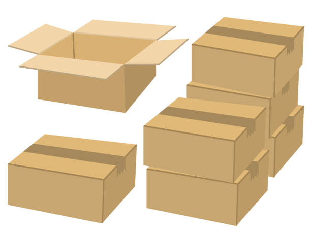 puste kartony, zamknięte kartony i ułożone w stos kartony - cardboard box white background paper closed stock illustrations