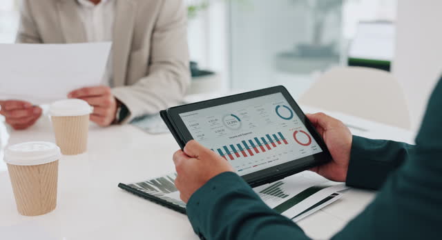 Business people, tablet and hands in data analytics, meeting or graph and chart discussion at office. Technology, company statistics and marketing strategy or analysis in corporate management on desk