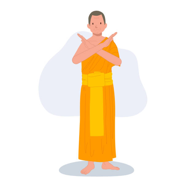 istock Thai Monk in Traditional Robes with Symbolic hand Gesture 'NO'. Do not or stop. 1966561809