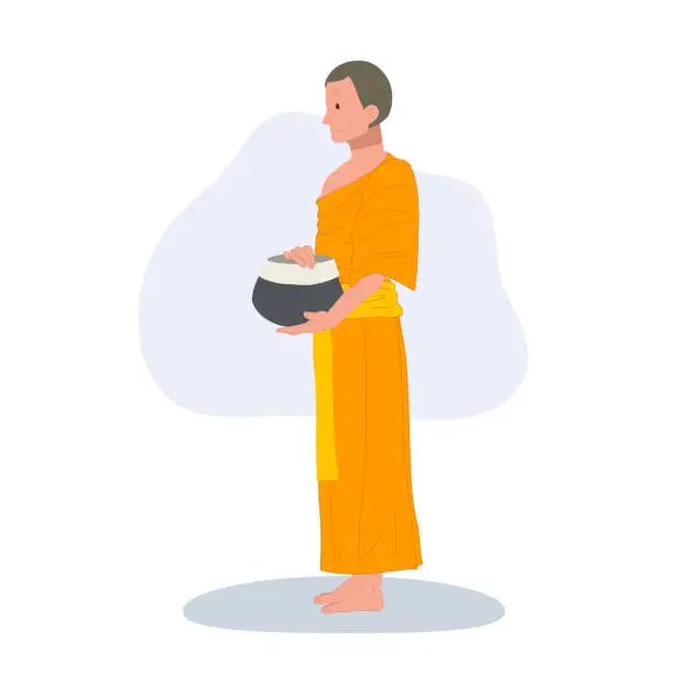 Vector illustration of Full length side view standing Thai Monk in Traditional Robes with Alms bowl.