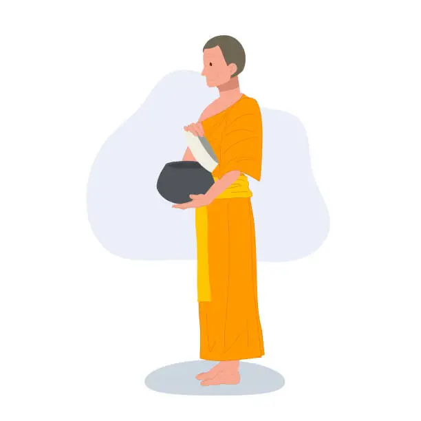 Vector illustration of Full length side view Thai Monk in Traditional Robes opening Alms bowl for food.