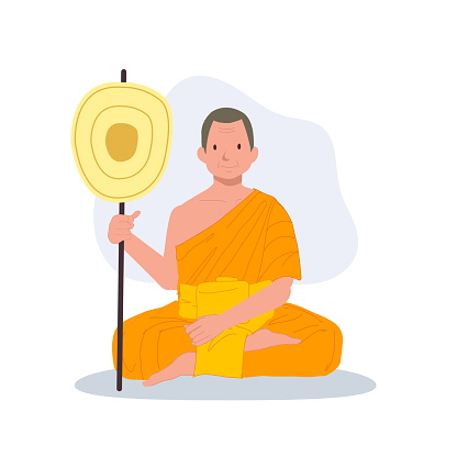 Sitting Thai Monk in Traditional Robes with talipot fan.