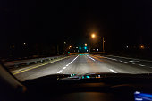 Car Driver POV Approaching Late Night Road Intersection