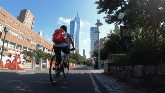 POV bicycle riding: woman with road bike in New York