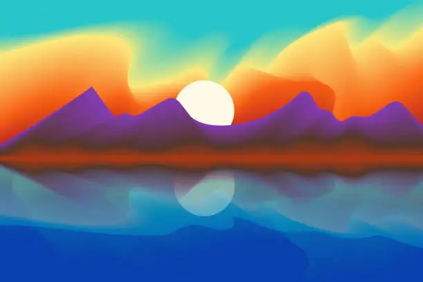 Vector illustration of Mountain landscape with a dawn. Sunset. Mountainous terrain.