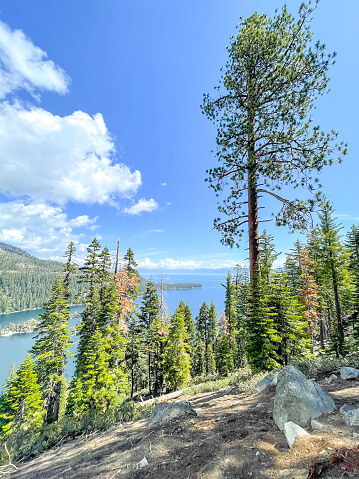 Lake Tahoe is a large lake in the mountains of Northern California. The many miles of roadway around the lake gives opportunity to many scenic views. This lake is visited by many through the year and the various seasons. On this day in spring it was an inviting view.