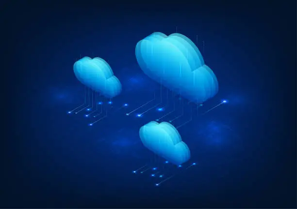 Vector illustration of cloud technology Cloud that is storing data in the system and transfer from anywhere in real time via internet signal There is a security system. Vector illustration, Isometric image