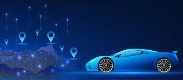 Vector illustration of Smart car technology background One of the most innovative vehicles connected to technology is a vehicle with a GPS navigation system. Sports car heading towards the mountains with GPS markers