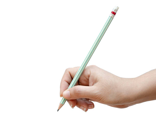 istock Woman's hand holding a pencil to write isolated on a white background 1966636101