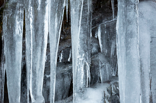 ice formations on a cliff at Bolton Notch State Park in Bolton, Connecticut in winter.