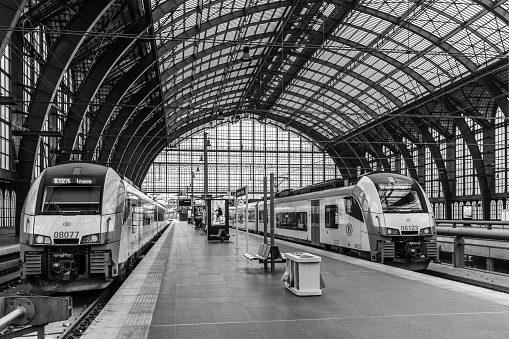 Antwerp, Belgium. February 2nd, 2023. Renovated interior of famous Antwerp main station, Belgium
In this picture two trains are waiting for departure. The photo has been taken in black and white.