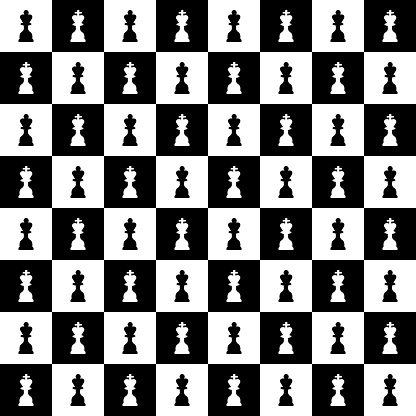 Chess Board Black and White Seamless Pattern. Board Game Sport Championship Background with Chess Pieces on Chessboard.