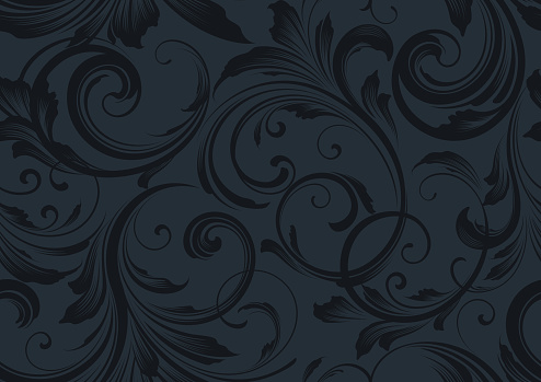 Black and gray ornate seamless floral Victorian motif vector pattern wallpaper vector illustration background for use on wedding, anniversary, birthday celebration invitations etc