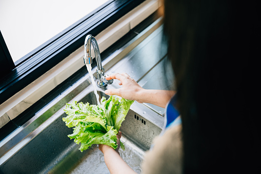 In a modern kitchen a woman's hands wash fresh vegetables under running water in the sink for making a vegan salad. Cleanliness and freshness in homemade healthy food prep.