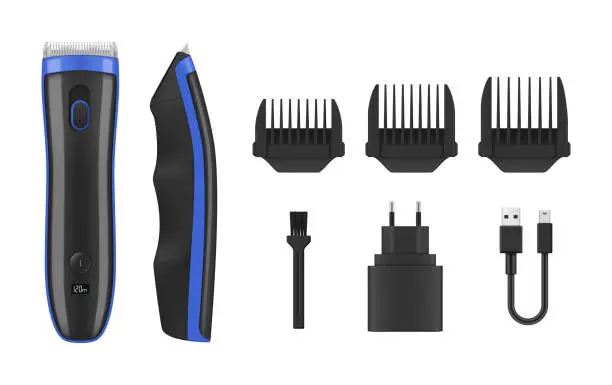 Vector illustration of Hair clipper accessories trimmer for cutting barber electric haircut machine set realistic vector