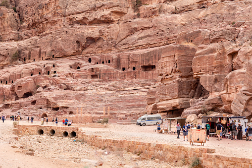 Wadi Musa, Jordan, October 05, 2023 : Numerous caves carved into rocks in the Nabatean Kingdom of Petra in the Wadi Musa city in Jordan