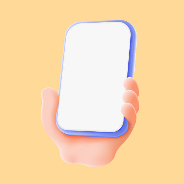 istock 3D Cartoon hand holding smartphone isolated on yellow background, Hand using mobile phone mockup. 3d vector 1966824131