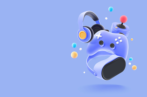 Vector set of games icon, videogame controller, headphones and game console on blue background, Game concept