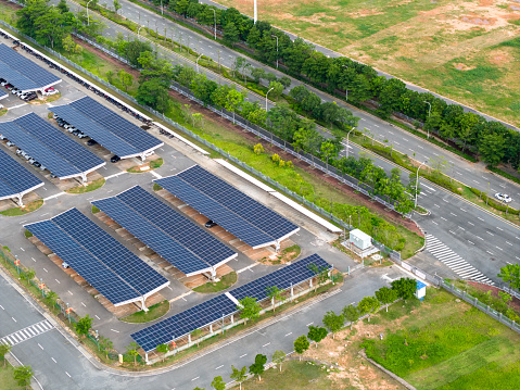 Aerial photograph of the solar power plant in the parking lot
