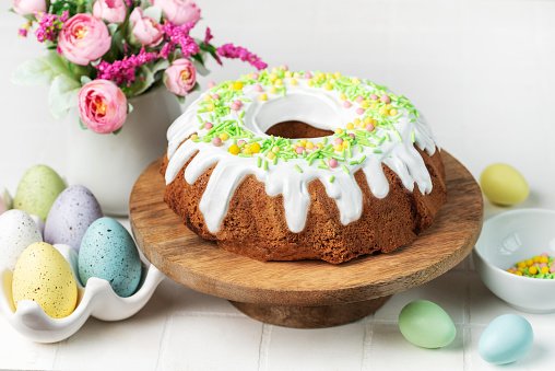 Easter Bundt Cake with Easter Eggs. Homemade vanilla bundt cake.