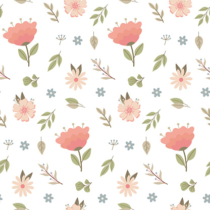 Seamless pattern with childish flowers on white background. Cute vector illustration with floral elements for design, fabric and textiles.