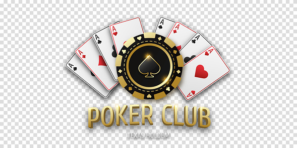Poker Club. Realistic playing chip spade and playing ace cards of all suits. Gambling token coin with suit spades. Banner for web app or site. Vector poster for championship.