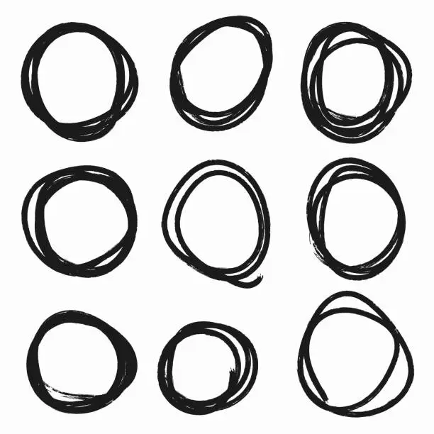 Vector illustration of Circular scribble doodle oval. Vector illustration. White background. Highlight circle frames. For message note mark design element. Set hand drawn pencil or marker round circles line sketch set.