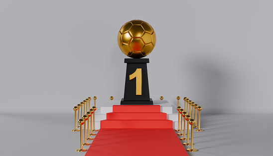 Award Football Number One with Podium on Gray Background