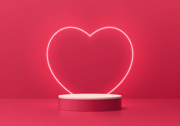 istock Red pink stand product podium valentine 3D background with glow neon light in heart shape. Minimal wall scene mockup product cylinder stage showcase, Promotion display. Abstract vector geometric forms 1966940260