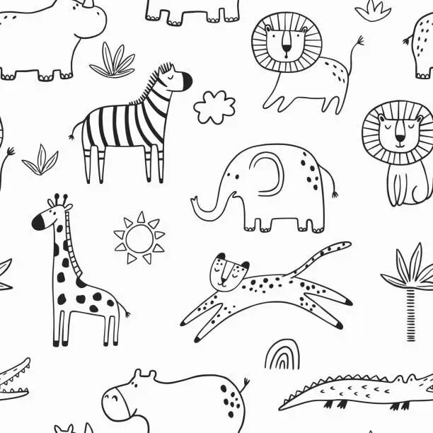 Vector illustration of Vector seamless pattern with cartoon safari jungle animals zebra, lion, elephant, crocodile, giraffe, leopard, rhinoceros, hippopotamus. Hand draw cute animals in sketch style. Doodle style line art.