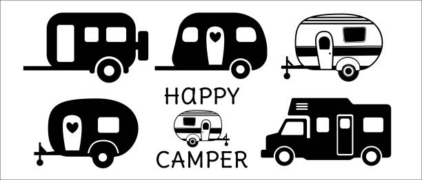 キャンプ トレーラー ベクトル イラスト セット。キャンピング トラックのトレーラー アイコン。キャンプ場のホーム ベクトル ストック イラスト。屋外でのブランディングに最適です。 - travel trailer点のイラスト素材／クリップアート素材／マンガ素材／アイコン素材