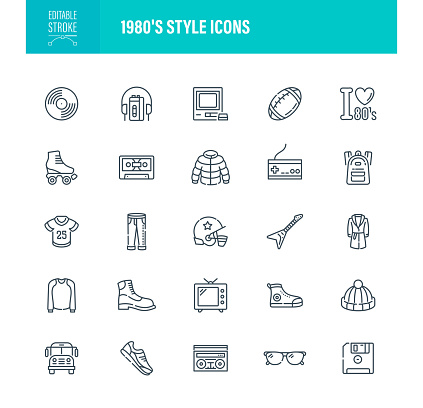 Retro 1980s Icons. Editable Stroke. For Mobile and Web. Contains such icons as Trendy, Vintage, 1980-1989, Symbol, Retro Style, Gadget, Cassette, Accessories, Rock Star