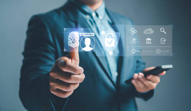 istock Concept Cyber security internet protection personal information. businessman fingerprint scanner Username and password for safety data on laptop and virtual interface lock. 1966983932