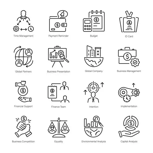 Vector illustration of Collection of Linear Icons Depicting Team Efforts